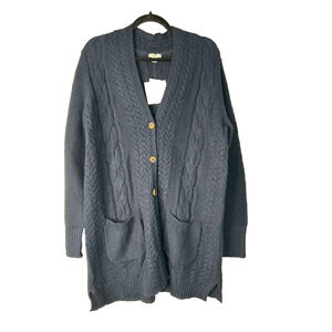 J Jill Sweater Cardigan Size M Tall Navy Blue Chunky Cable Knit Fisherman Granny